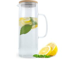 Intirilife karaf met bamboe deksel in CLEAR - 1,6 liter kan van borosilicaatglas met handvat en houten deksel hittebestendig geschikt voor warme en koude dranken, thee, koffie, water en nog veel meer.