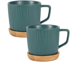 Intirilife Koffiekopjes, set van 2 met Scandinavisch groefpatroon in matgroen - inhoud 230 ml - theekopjesset met keramisch oor en houten onderzetter, mokken voor thee, koffie en cappuccino, streepjespatroon