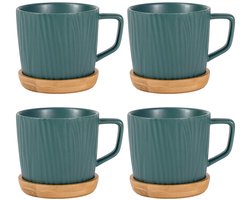 Intirilife Koffiekopjes, set van 4 met Scandinavisch groefpatroon in matgroen - inhoud 230 ml - theekopjesset met keramisch oor en houten onderzetter, mokken voor thee, koffie en cappuccino, streepjespatroon