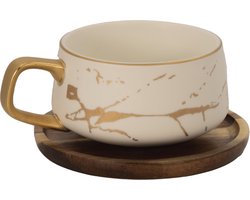 Intirilife Kop keramiek met marmerdesign in Wit - ongeveer 200 ml - Koffiemok, theemok met houten onderzetter Mok