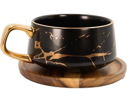 Intirilife Kop keramiek met marmerdesign in Zwart - ongeveer 200 ml - Koffiemok, theemok met houten onderzetter Mok