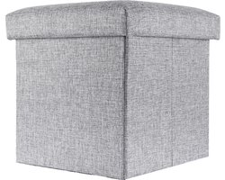 Intirilife Opvouwbaar krukje 30x30x30 cm in ALASKA GREY - Zitkubus met opbergruimte en deksel van stof in linnenlook - Zitkubus voetensteun opbergbox kist bankzitting