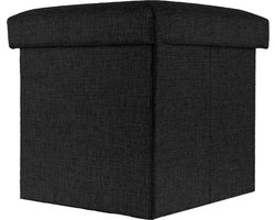 Intirilife Opvouwbaar krukje 30x30x30 cm in DIAMOND ZWART - zitkubus met opbergruimte en deksel van stof in linnenlook - zitkubus voetensteun opbergbox kist bankzitting