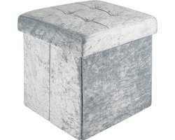 Intirilife Opvouwbaar krukje 30x30x30 cm in fluweel blauw-grijs - Zitkubus met opbergruimte en deksel met fluwelen hoes - Zitkubus voetensteun opbergdoos kist bankzitting