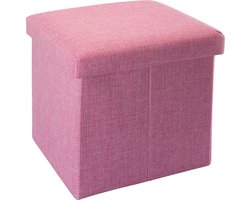 Intirilife Opvouwbaar krukje 30x30x30 cm in KIRSCHBLÜTEN PINK - zitkubus met opbergruimte en deksel van stof in linnenlook - zitkubus voetensteun opbergbox kist bankzitting