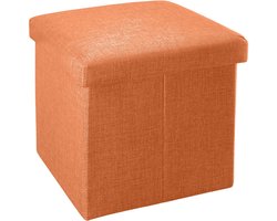 Intirilife Opvouwbaar krukje 30x30x30 cm in MANDARINE ORANGE - Zitkubus met opbergruimte en deksel van stof in linnenlook - Zitkubus voetensteun opbergbox kist bankzitting