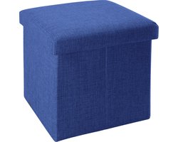 Intirilife Opvouwbaar krukje 30x30x30 cm in SEA BLUE - Zitkubus met opbergruimte en deksel van stof in linnenlook - Zitkubus voetensteun opbergbox kist bankzitting