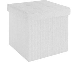 Intirilife Opvouwbaar krukje 30x30x30 cm in SNOW WHITE - Zitkubus met opbergruimte en deksel van stof met holtes - Zitkubus voetensteun opbergdoos kist zitkruk