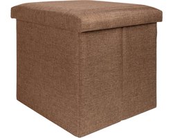 Intirilife Opvouwbaar krukje 38x38x38 cm in BERNSTEIN BRUIN - Zitkubus met opbergruimte en deksel van stof in linnenlook - Zitkubus voetensteun opbergbox kist bankzitting