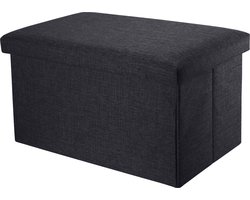 Intirilife Opvouwbare bank 49x30x30 cm in DIAMOND ZWART - Zitkubus met opbergruimte en deksel van stof in linnenlook - Zitkubus voetensteun Opbergbox Kist Zitkruk
