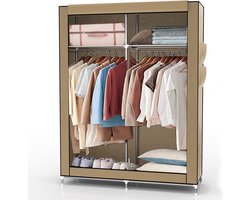 Intirilife opvouwbare garderobekast 108x170x45 cm in CRÈME BEIGE - Vouwkast met ritssluiting Stoffen garderobekast met kledingroede, vakken en zijvak - kampeergarderobekast van textiel