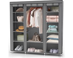 Intirilife opvouwbare garderobekast 150x175x45 cm in ASH GREY - Vouwkast met ritssluiting Stoffen garderobekast Garderobekast met kledingroede, vakken en zijvak - Campinggarderobe textielgarderobe