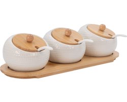 Intirilife Set van 3 porseleinen kruidenpotjes, suikerpot - Wit - Bruin met deksel en lepel - 30.5 x 12 x 8.5 cm - Schaal, pot, dispenser met tablet voor keuken, eettafel, enz.