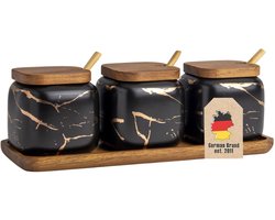 Intirilife Suikerpot 3-delige set met deksel en lepel kruidenpotten 3-delig van keramiek in marmerlook zwart met houten dienblad Zout, peper, kruidenpotten, kommen, glazen, voorraadpotten, keuken