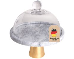 Intirilife taartplateau met glazen deksel Taartplateau met gouden bodem in marmerlook - 24,8 x 16,8 cm - Schotel voor taarten Ronde serveerplateau voor gebak