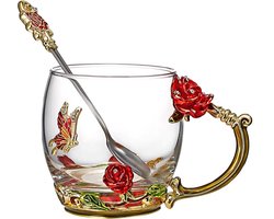 Intirilife Vlinder Theekopje Bloemkopje Koffiekopje in Goud - Rood - Paars - 330 ml - Gemaakt van hittebestendig glas met lepel - Perfect cadeau voor Moederdag, verjaardag, bruiloft, handgemaakt