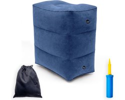 Intirilife Voetsteun Reis Kussen in Blauw - 46x28x47.5 cm - Voetsteun Kussen Opblaasbaar Opvouwbaar met tas en luchtpomp voor op reis 3 niveaus in hoogte verstelbaar voor vliegtuig trein auto thuis