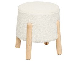 Inuit Witte Bouclé Poef Krukje - Bijzettafel met Houten Poten - 41,5 cm - Krukje - Poef - Nep wol