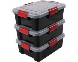 IRIS Airtight Opbergbox - 10L - Luchtdicht - Stapelbaar - Kunststof - Zwart/Transparant/Rood- Set van 3