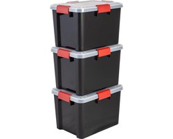 IRIS Airtight Opbergbox - 20L - Kunststof - Zwart/Rood - Set van 3