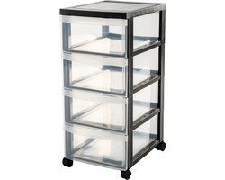 IRIS Design Chest ladekast - 4 half diepe lades - 4x 11L - Kunststof - Zwart/Transparant - Met Wielen