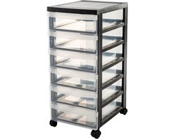 IRIS Design Chest ladekast - 6 ondiepe lades - 6 x 7.5L - Kunststof - Zwart/Transparant - Met Wielen