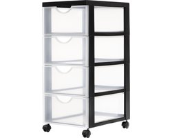 IRIS Easygrip Chest ladekast - 4 lades x 11,25L - Kunststof - Zwart/Transparant - Met wieltjes