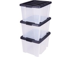 IRIS Handybox Opbergbox - 30L - Kunststof - Transparant/Zwart - Set van 3