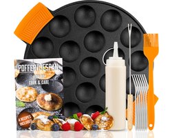 IRONO Poffertjespan Set - Incl. Doseerfles, Keervork en 6 vorkjes - Poffertjespan Inductie en Electrisch - Poffertjesmaker 19 Poffertjes - Gietijzeren Pan - Poffertjes Maken - Spuitfles