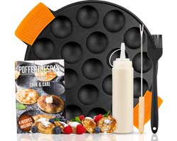 IRONO Poffertjespan Set - Incl. Doseerfles, kwast en vork - Poffertjespan Inductie en Electrisch - Poffertjesmaker 19 Poffertjes - Gietijzeren Pan - Poffertjes Maken - Spuitfles