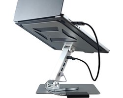 Ironwill® Laptop Standaard Verstelbaar – Ergonomisch Aluminium – met USB Hub 5 Poorten – 360° Draaibaar – Laptop Verhoger – Zilver – 10 t/m 17 inch