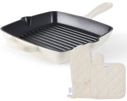 ISENVI Byron - Gietijzeren Grillpan met Ovenwant en Pannenlap - 28 cm - Geschikt voor BBQ & Inductie - Skillet Pan - PFAS, PTFE Vrij - Alle Warmtebronnen - Beige