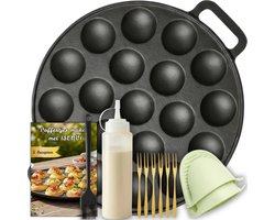 ISENVI Byron - Gietijzeren Poffertjespan met E-book - 24 cm - Inductie en Elektrisch - Incl. 6 Gouden Vorkjes, Spuitfles, Kwast & Siliconen Ovenwanten - Poffertjesmaker