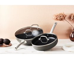 ISENVI Murray Combideal - Hapjespan en wokpan - RVS grepen - Antraciet - Keramisch - 100% PFAS, PTFE en PFOA vrij - 100% duurzaam - Unieke Antiaanbaklaag - Non-stick bodem - Vaatwasbestendig - Geschikt voor alle warmtebronnen inclusief inductie