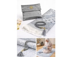 Islamitische Cadeauset – Gebedskleed met Tasbih & Luxe Opbergtas – Ramadan & Eid Geschenk – Grijs