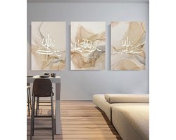Islamitische Kalligrafie - Arabische Kunst - Wanddecoratie - Zilveren Marmerlook - 3x 50x70cm - Goud