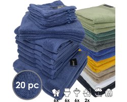 iSleep Terry Badtextiel - Voordeelset (20 delig) - 6x Washandje 16x22 cm - 6x Gastendoekje 30x50 cm - 6x Handdoek 60x110 cm - 2x Badlaken 70x140 cm - Donker Blauw