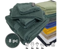 iSleep Terry Badtextiel - Voordeelset (8 delig) - 2x Washandje 12x22 cm - 2x Gastendoekje 30x50 cm - 2x Handdoek 60x110 cm - 2x Badlaken 70x140 - Donker Groen