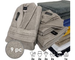 iSleep Terry Badtextiel - Voordeelset (9 delig) - 1x Badjas - Maat M - 2x Washandje 16x22 cm - 2x Gastendoekje 30x50 cm - 2x Handdoek 60x110 cm - 2x Badlaken 70x140 cm - Taupe