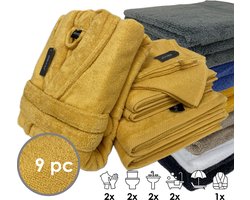 iSleep Terry Badtextiel - Voordeelset (9 delig) - 1x Badjas - Maat M - 2x Washandje 16x22 cm - 2x Gastendoekje 30x50 cm - 2x Handdoek 60x110 cm - 2x Badlaken 70x140 cm - Oker