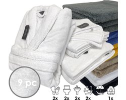 iSleep Terry Badtextiel - Voordeelset (9 delig) - 1x Badjas - Maat S - 2x Washandje 16x22 cm - 2x Gastendoekje 30x50 cm - 2x Handdoek 60x110 cm - 2x Badlaken 70x140 cm - Wit