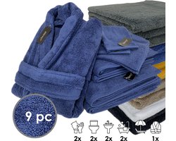 iSleep Terry Badtextiel - Voordeelset (9 delig) - 1x Badjas - Maat S - 2x Washandje 16x22 cm - 2x Gastendoekje 30x50 cm - 2x Handdoek 60x110 cm - 2x Badlaken 70x140 cm - Donker Blauw