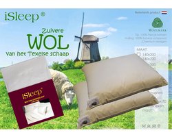 iSleep Wollen Hoofdkussen Basic Set (2 Kussens + 2 iSleep Moltonslopen) - 100% Wol - 60x70cm - Ecru
