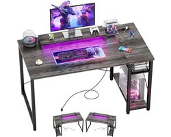 ISunirm Gamingbureau met LED-verlichting en stopcontact, omkeerbaar computerbureau met beweegbare monitorstandaard, 100 x 75 x 50 cm bureau met USB-oplaadstation voor thuis, slaapkamer, studeerkamer