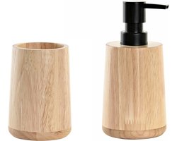 ITEM badkamer accessoires set - drinkbeker en zeeppompje - bamboe hout - naturel/zwart