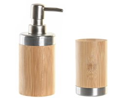 ITEM international Badkamer accessoires set - drinkbeker - zeeppompje - 17 cm - bamboe - zilver