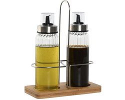 Items Azijn/Olie flessen tafelset - glas/metaal/bamboe - transparant - met schenktuit - modern/design