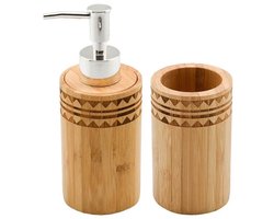 Items Badkamer set - bamboe hout - 2 delig - zeeppompje + beker - 11 cm - badkamer set