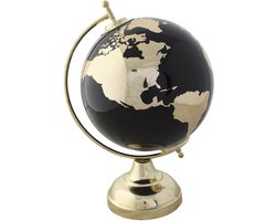 Items Deco Wereldbol/globe op voet - kunststof - zwart/goud - home decoratie artikel - D20 x H30 cm