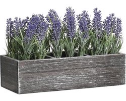 Items Lavendel bloemen kunstplant in bloembak - paarse bloemen - 34 x 14 x 19 cm - bloemstukje